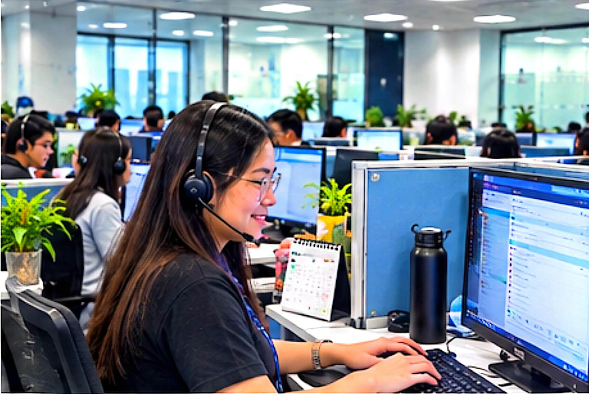 Customer support team collaborating at work